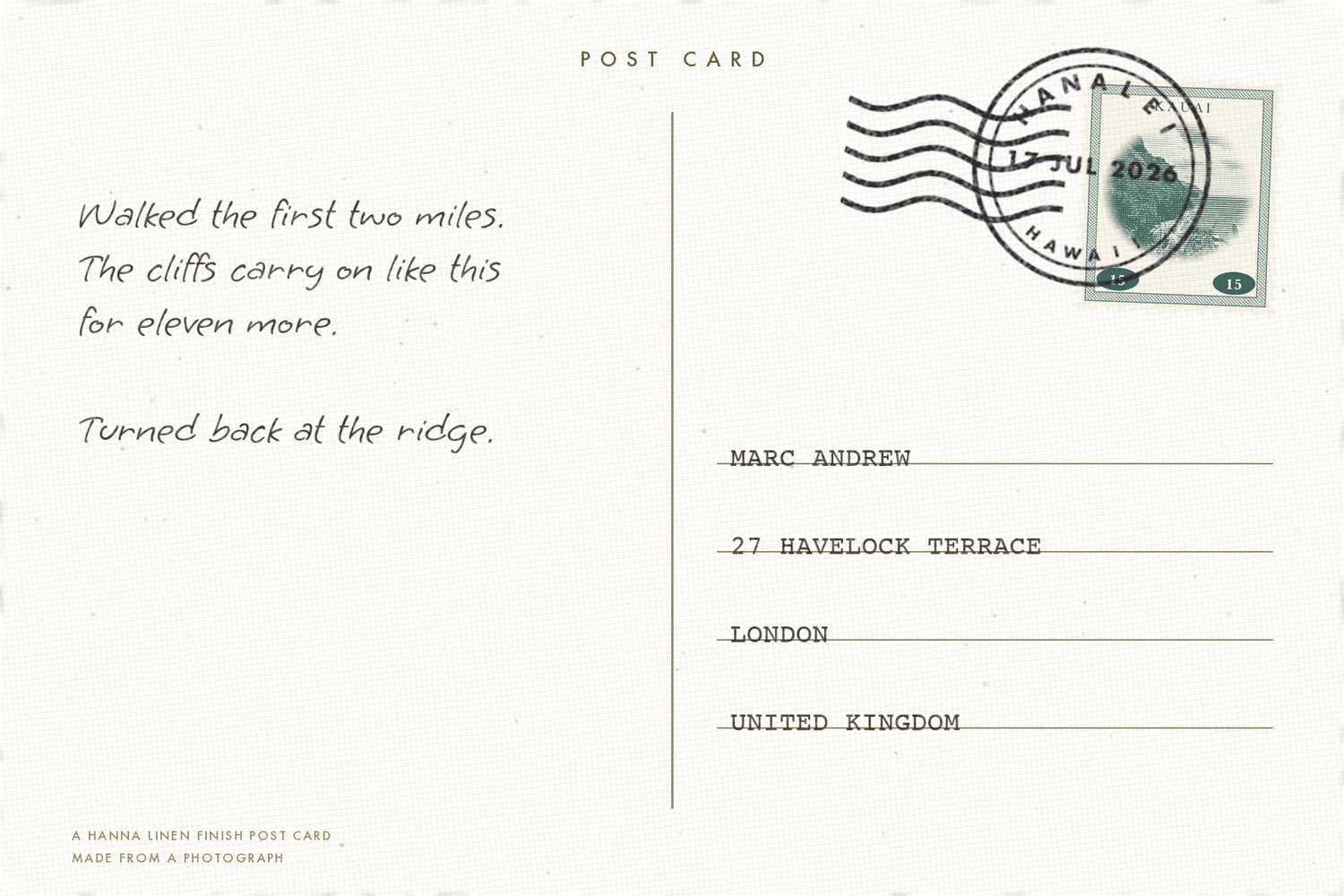 The same postcard turned over: a divided back with a typed message, an engraved stamp and a postmark reading Hanalei, Hawaii.