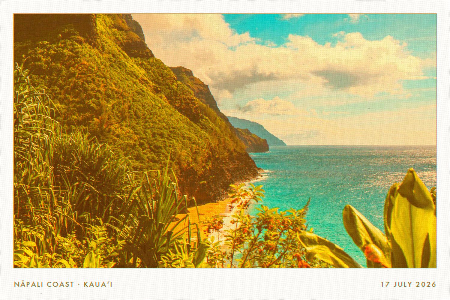 A postcard front: the Nāpali Coast made in warm ink on linen stock, captioned Nāpali Coast, Kauaʻi.